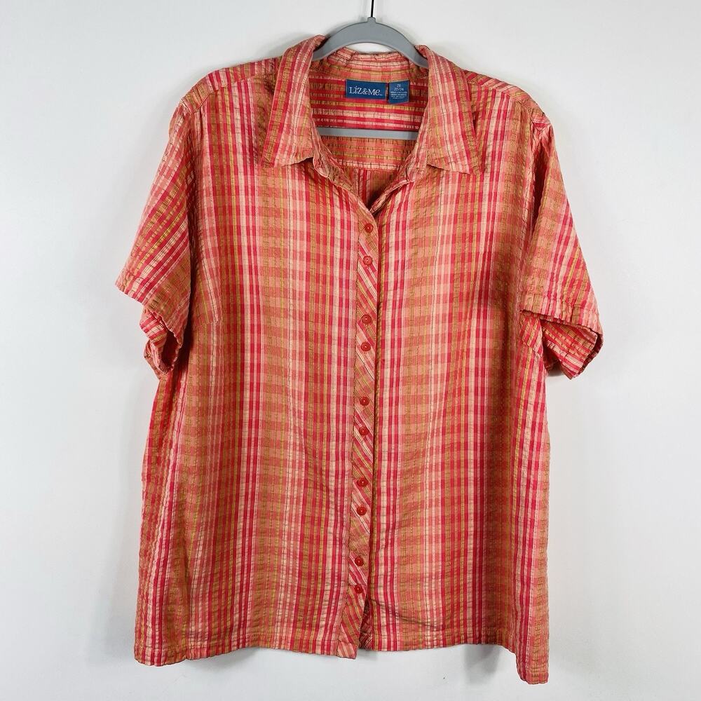Liz & Me Top 2X 22 24 Striped Button Front Short Sleeve Seersucker 100% Cotton